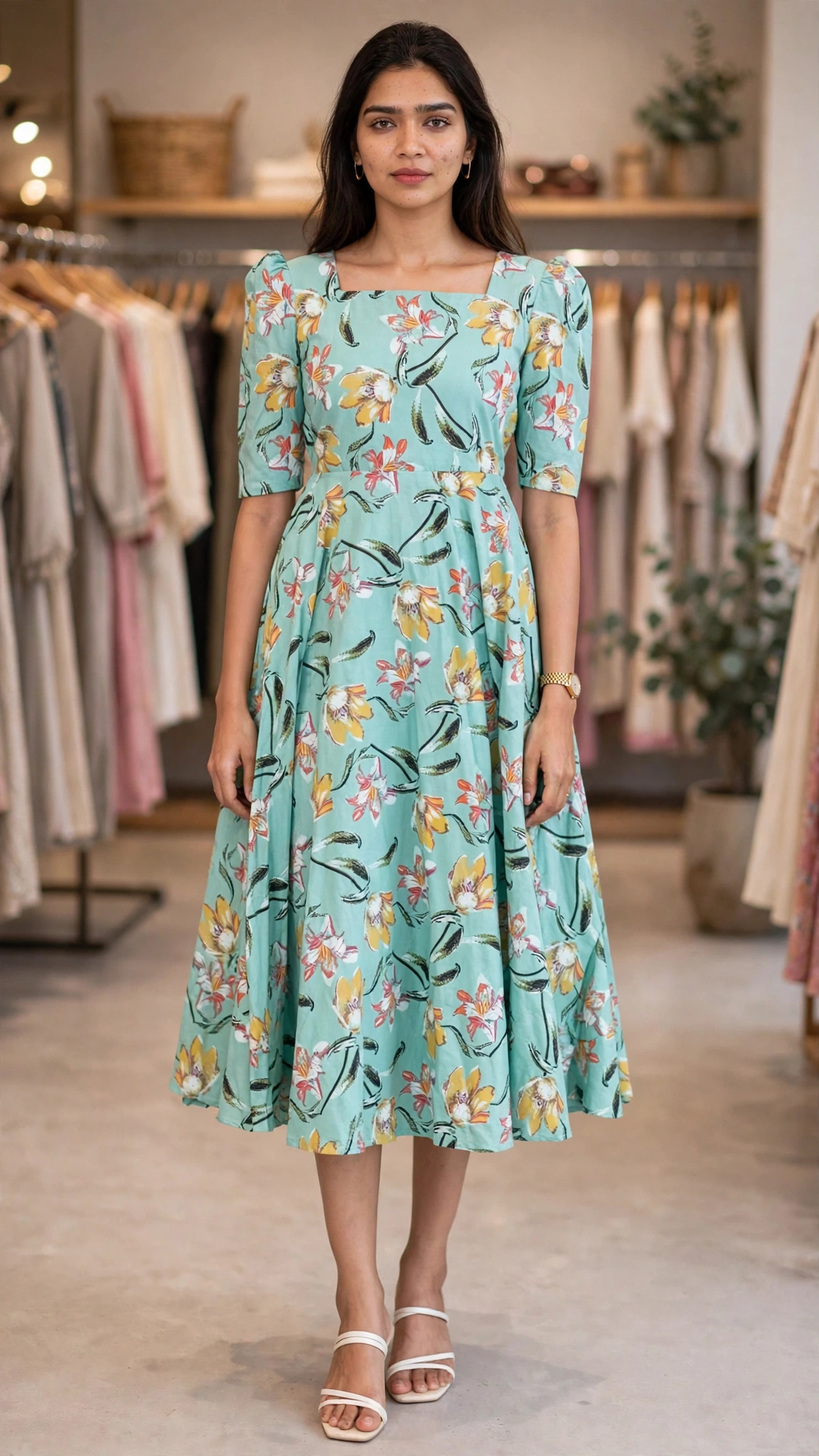 Timeless Floral Pleated Midi Dress – Available in Midnight Navy, Earthy Beige, Mint Green & Soft Coral - Image 6