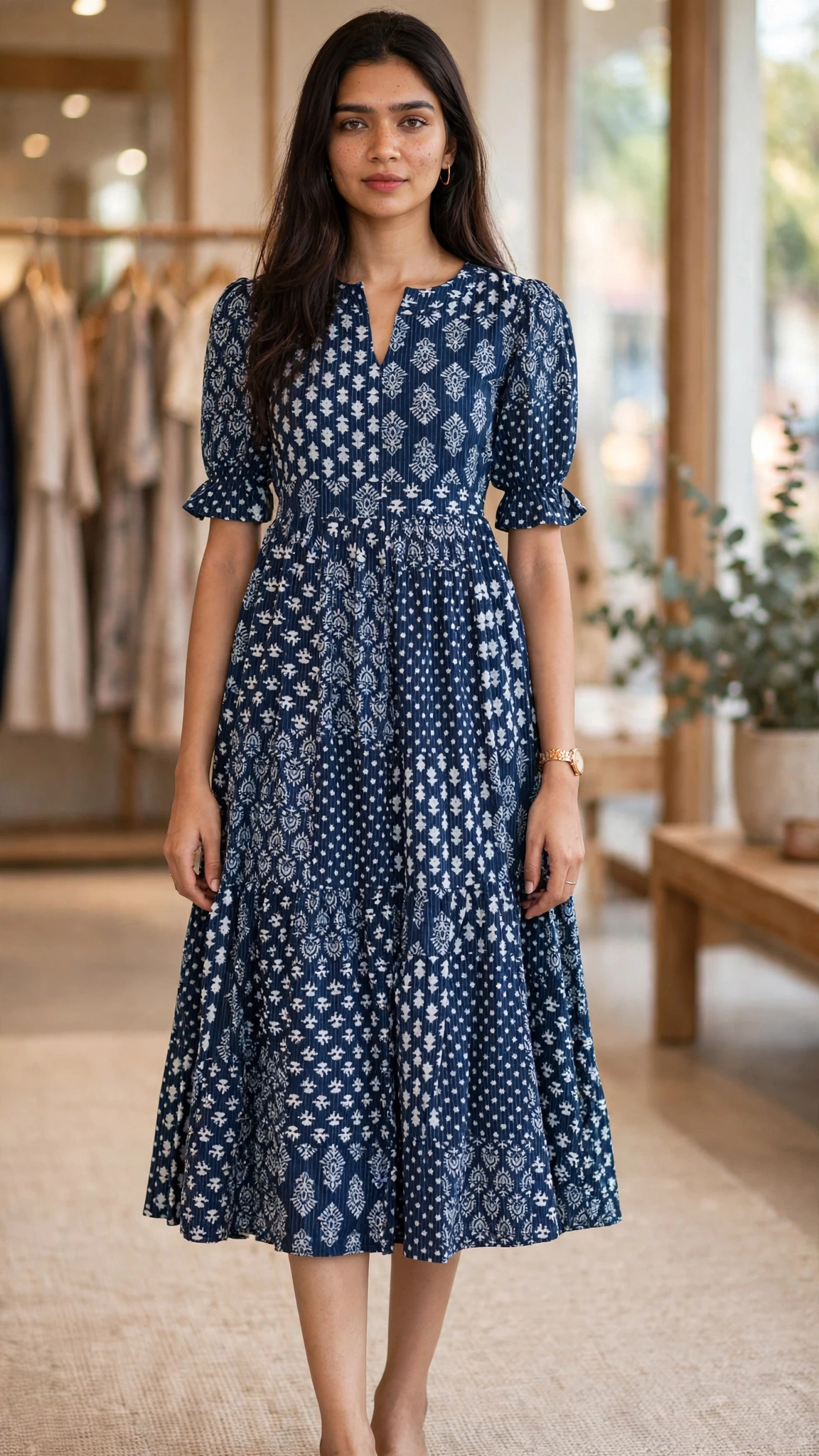 Timeless Floral Pleated Midi Dress – Available in Midnight Navy, Earthy Beige, Mint Green & Soft Coral