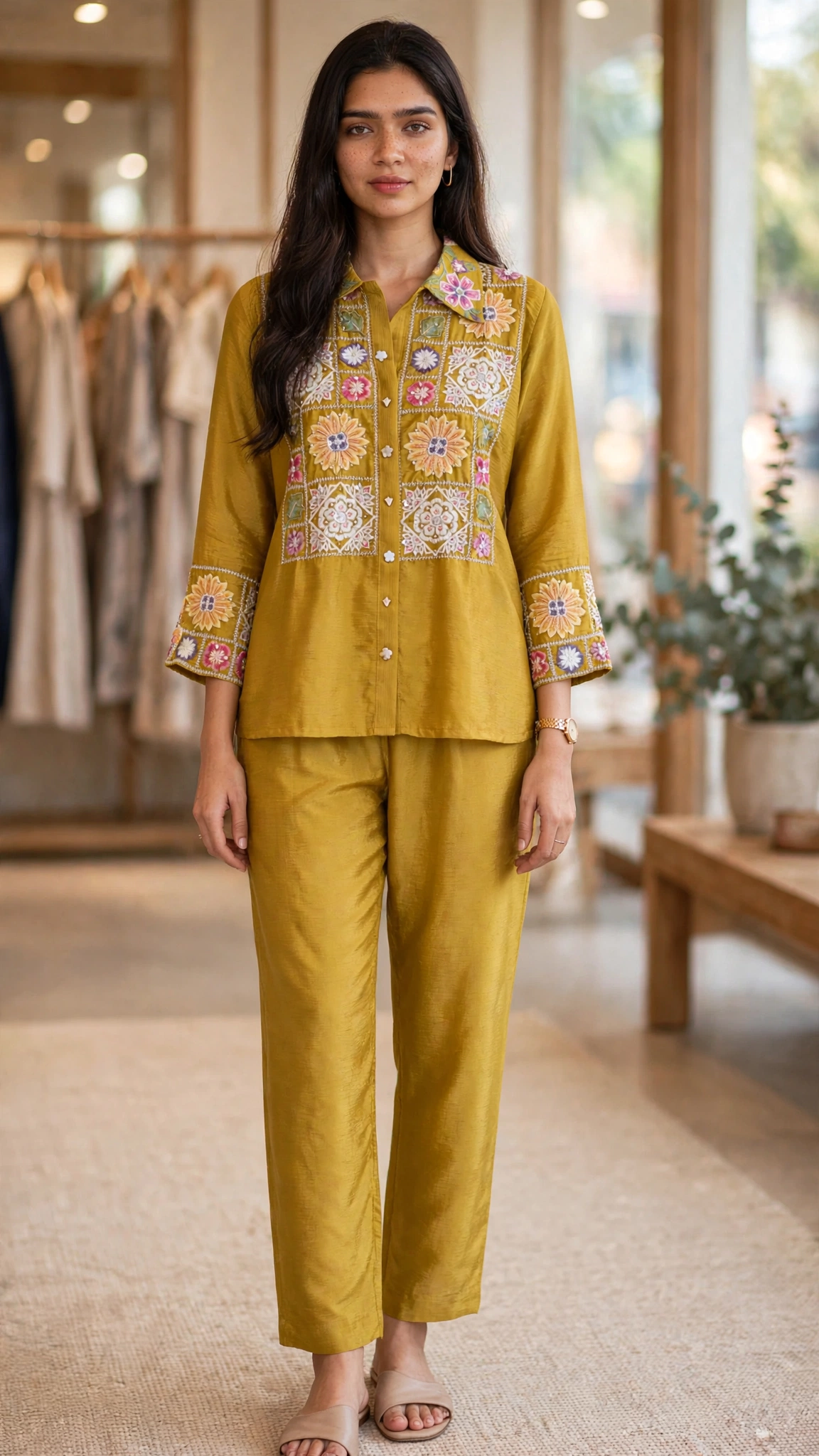 Artisanal Embroidered Cotton & Silk Co-ord Set – Available in Mustard, Lavender, Ivory-Blue, Floral-Blue & Ivory-Pink