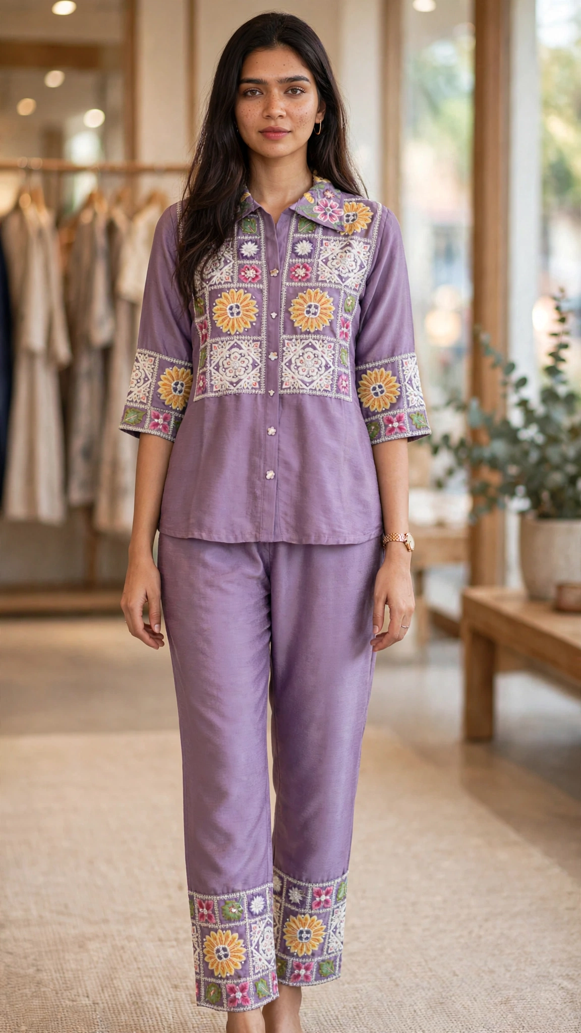 Artisanal Embroidered Cotton & Silk Co-ord Set – Available in Mustard, Lavender, Ivory-Blue, Floral-Blue & Ivory-Pink - Image 2