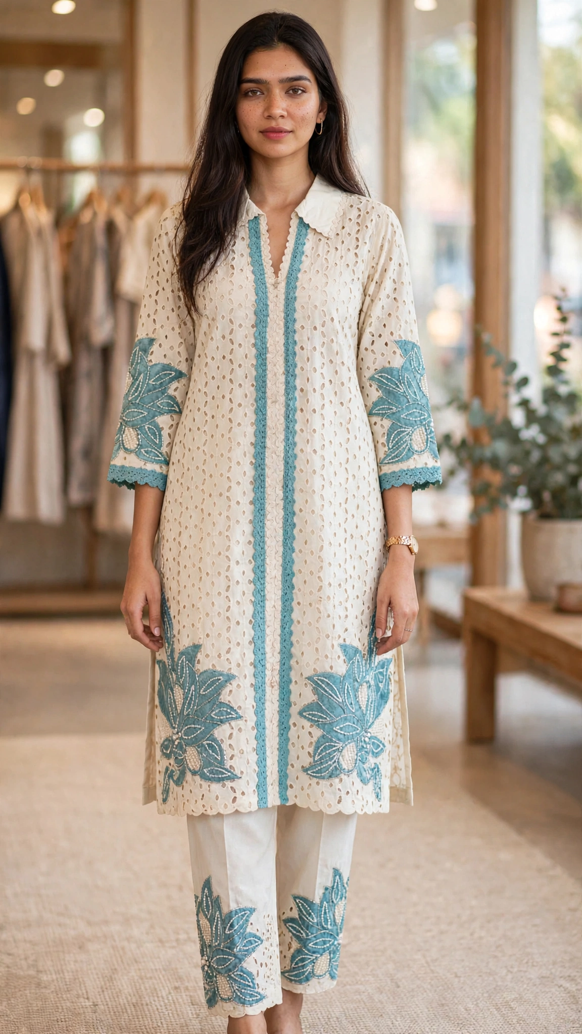 Artisanal Embroidered Cotton & Silk Co-ord Set – Available in Mustard, Lavender, Ivory-Blue, Floral-Blue & Ivory-Pink - Image 3
