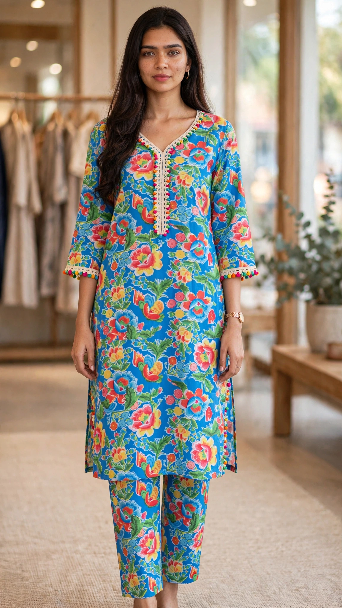 Artisanal Embroidered Cotton & Silk Co-ord Set – Available in Mustard, Lavender, Ivory-Blue, Floral-Blue & Ivory-Pink - Image 4