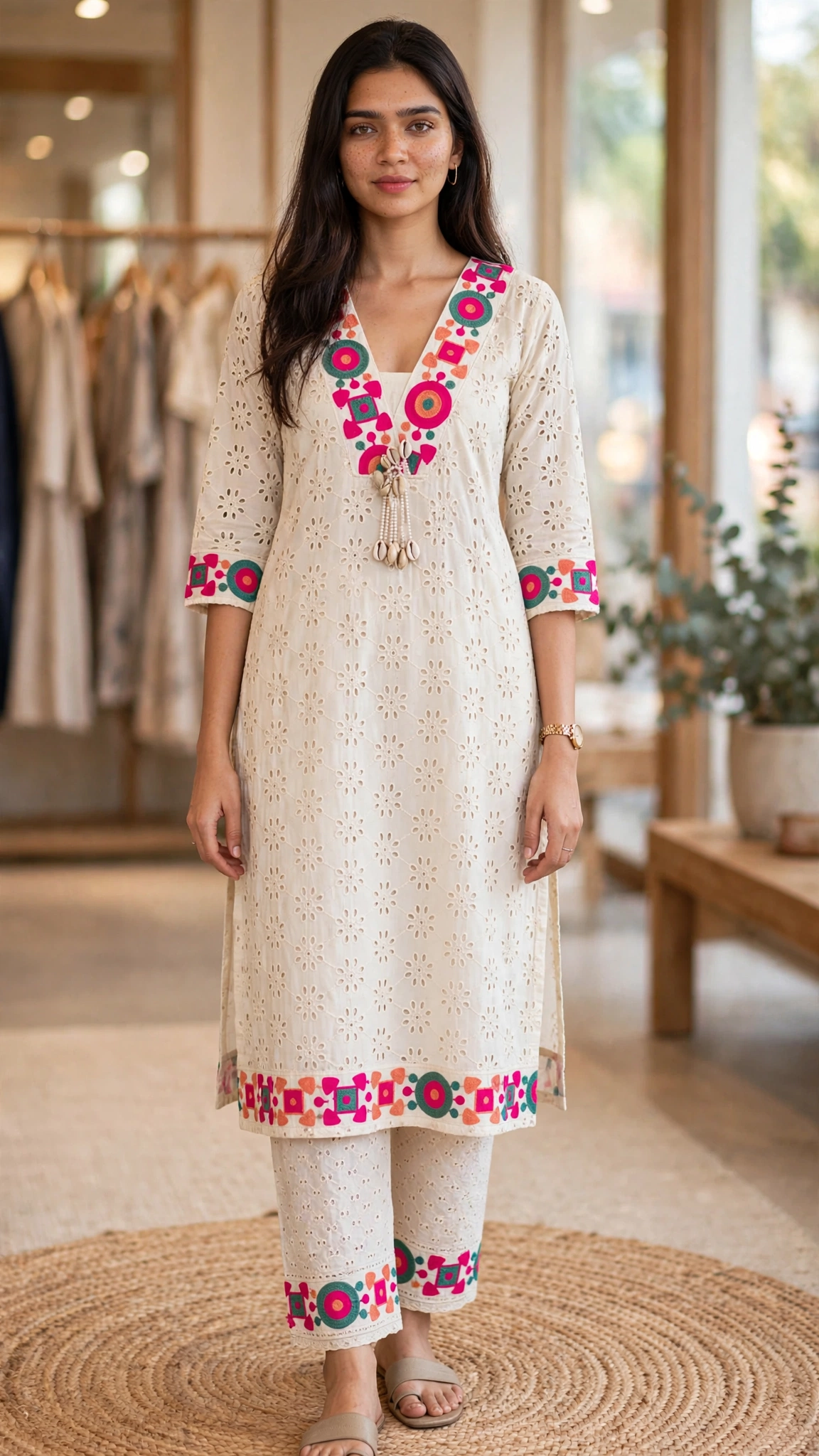 Artisanal Embroidered Cotton & Silk Co-ord Set – Available in Mustard, Lavender, Ivory-Blue, Floral-Blue & Ivory-Pink - Image 5