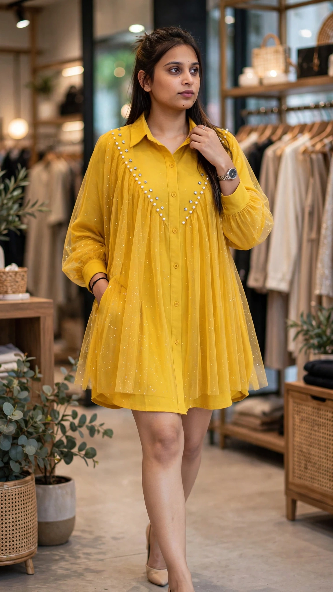 Sunshine Radiance Embellished Tulle Overlay Shirt Dress - Image 2