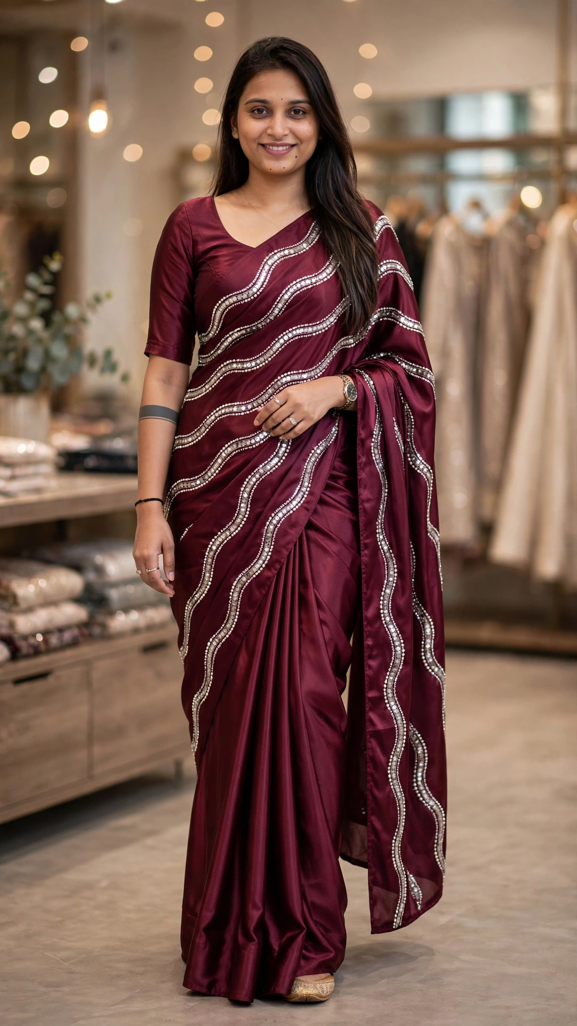 Enchanting Sequinned Chiffon Saree with Diagonal Embellishments – Available in Wine, Emerald, Champagne, Olive & Fuchsia