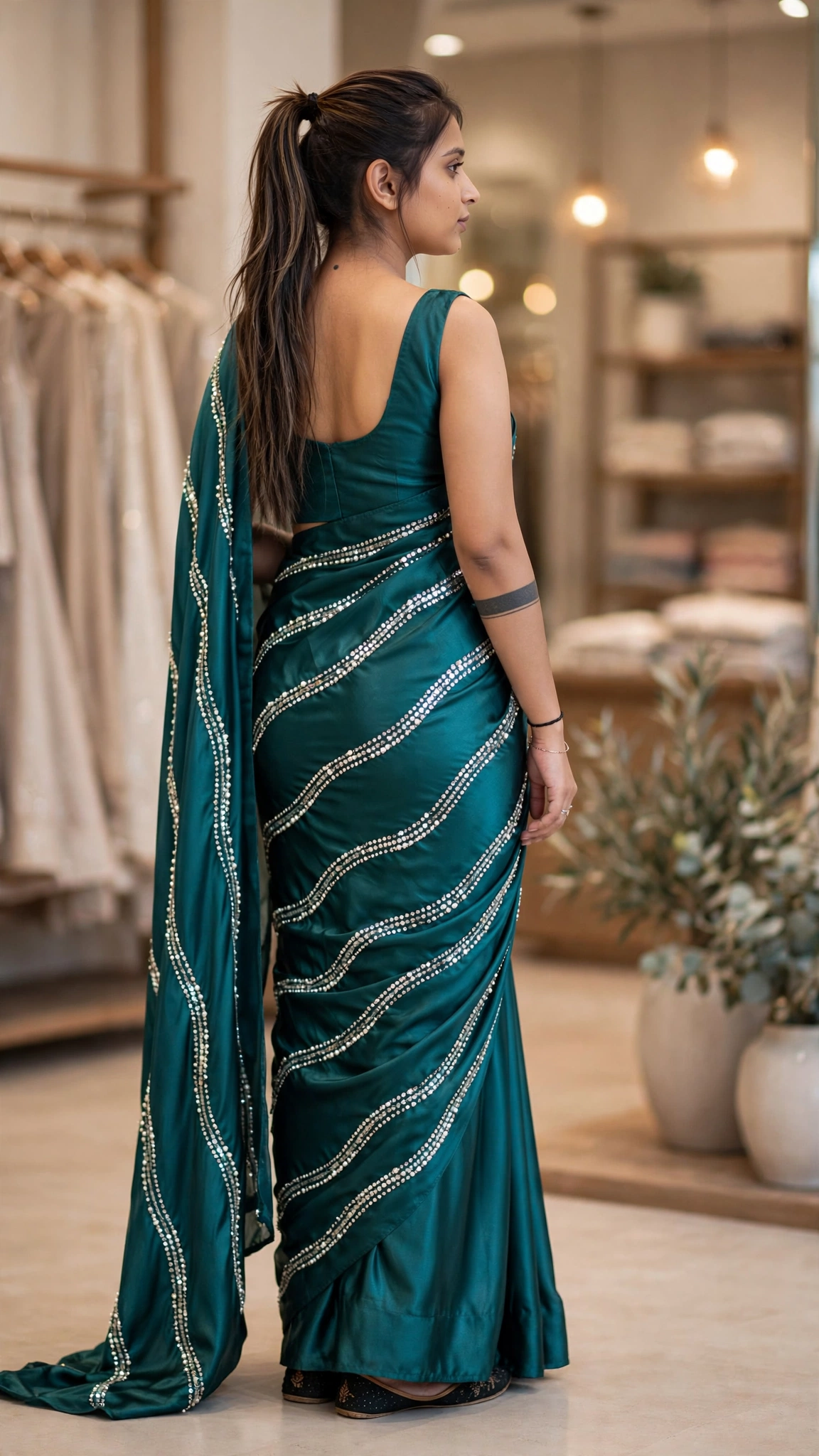 Enchanting Sequinned Chiffon Saree with Diagonal Embellishments – Available in Wine, Emerald, Champagne, Olive & Fuchsia - Image 4