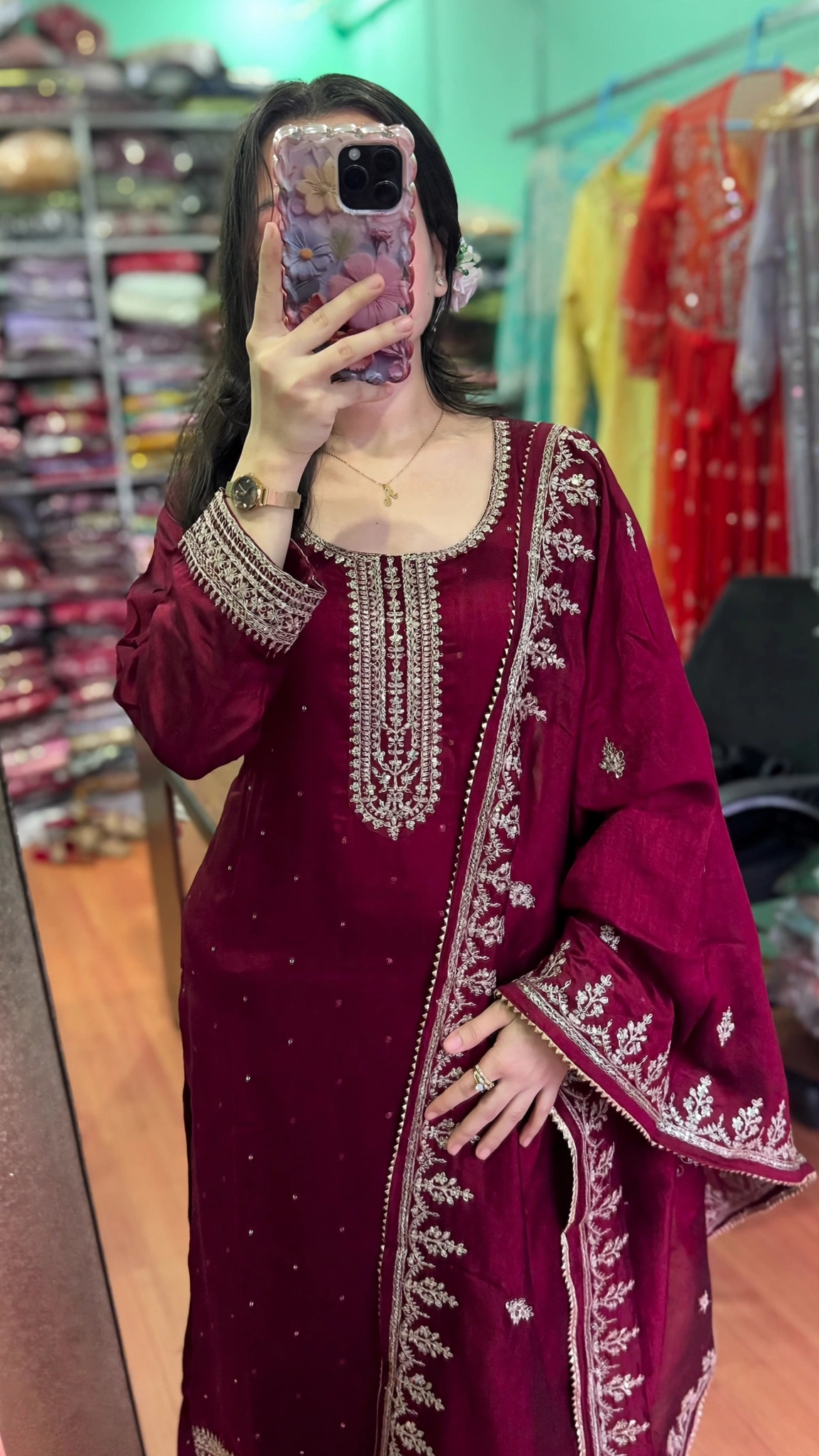 Royal Burgundy Silk Embroidered Kurta Set with Dupatta - Image 2