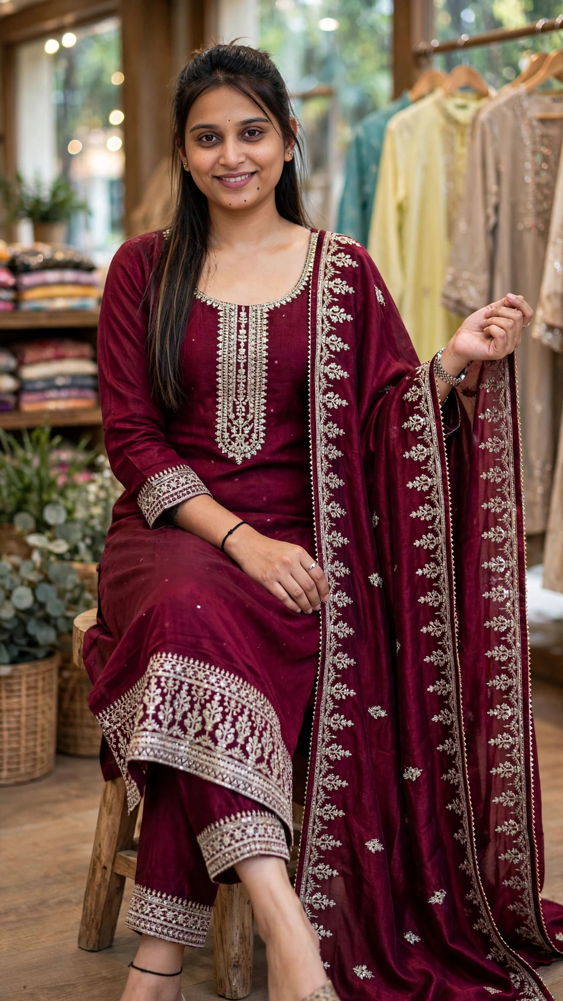 Royal Burgundy Silk Embroidered Kurta Set with Dupatta - Image 3