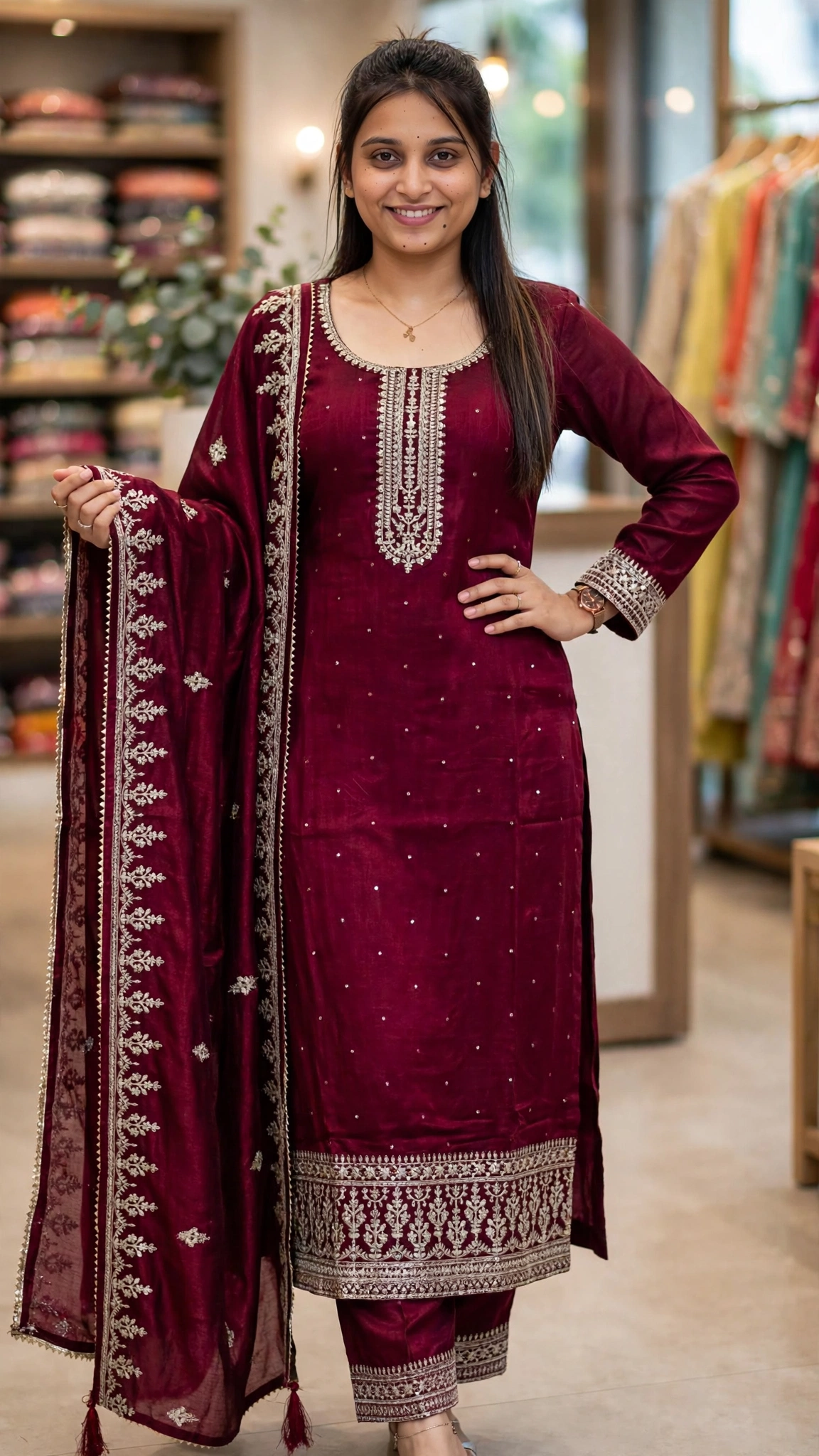 Royal Burgundy Silk Embroidered Kurta Set with Dupatta - Image 4