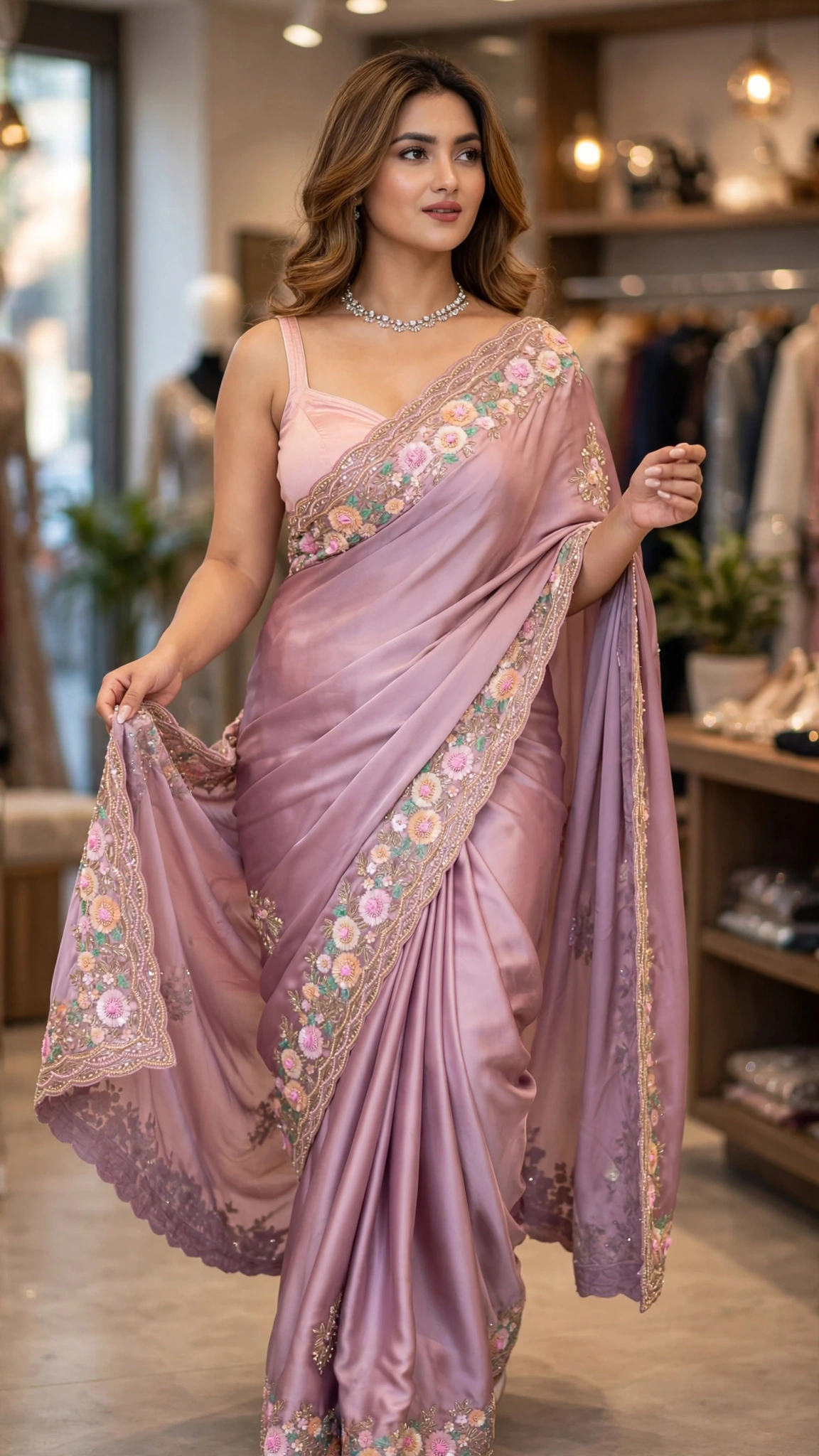 Lilac Enchantment Satin Floral Embroidered Saree - Image 2