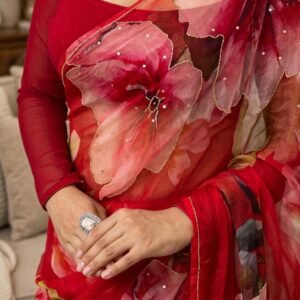 Scarlet Blooms Organza Floral Saree with Sequined Accents