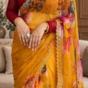 Sun-Kissed Marigold Floral Organza Saree with Sequin Scalloped Border