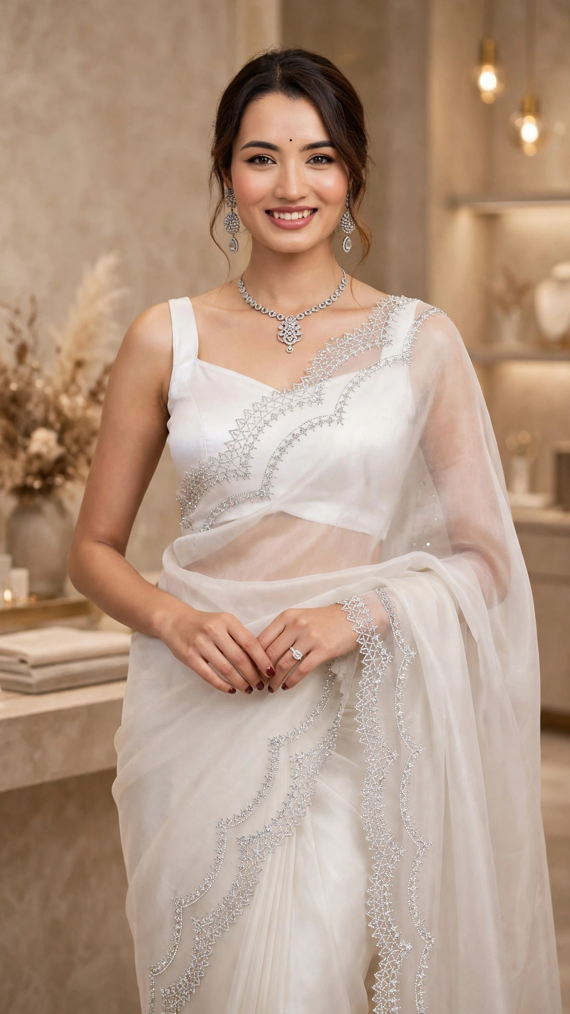 Ethereal Silver-Embellished Organza Saree – Available in Pristine White & Lilac Mist - Image 2