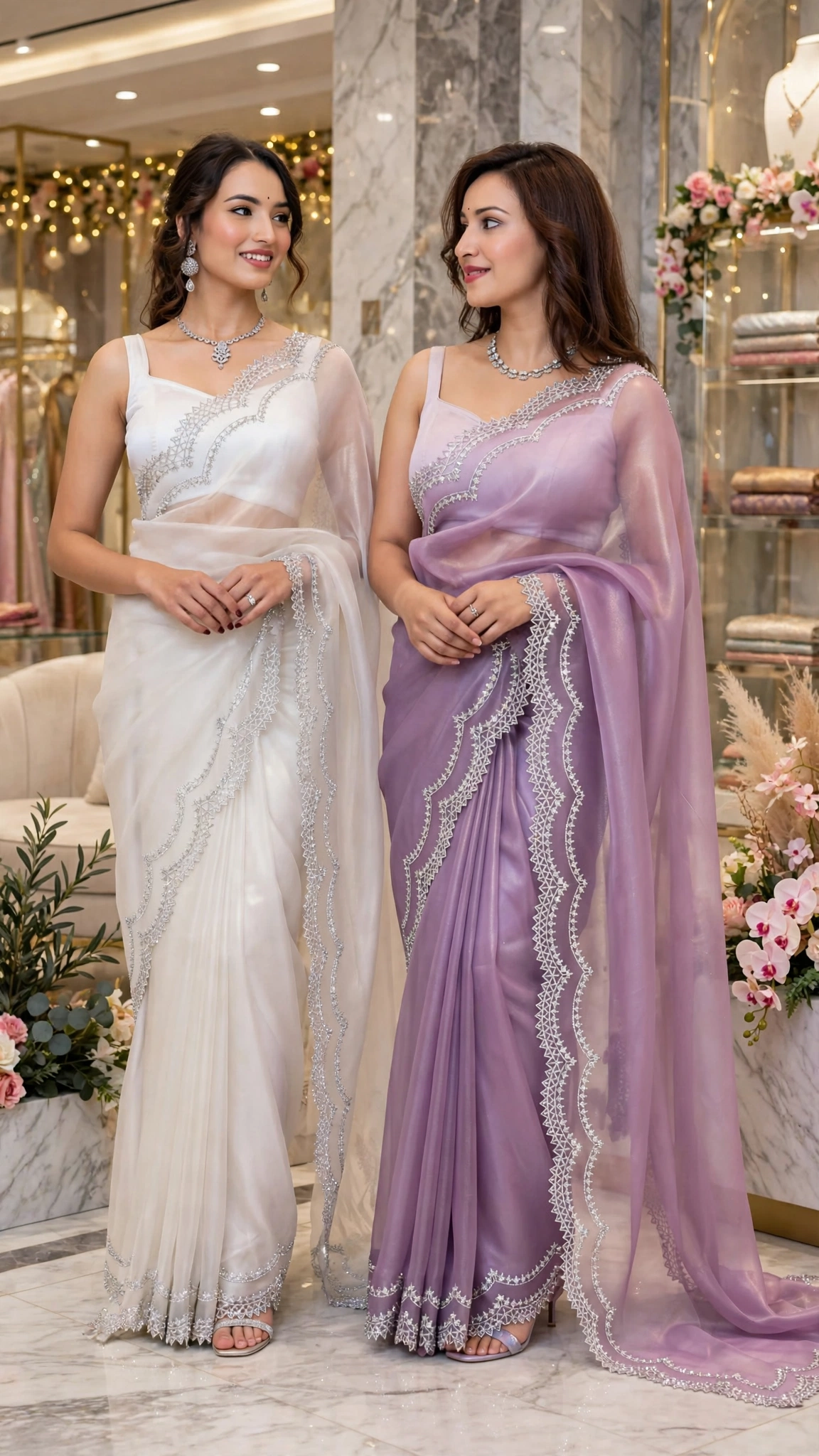 Ethereal Silver-Embellished Organza Saree – Available in Pristine White & Lilac Mist - Image 5