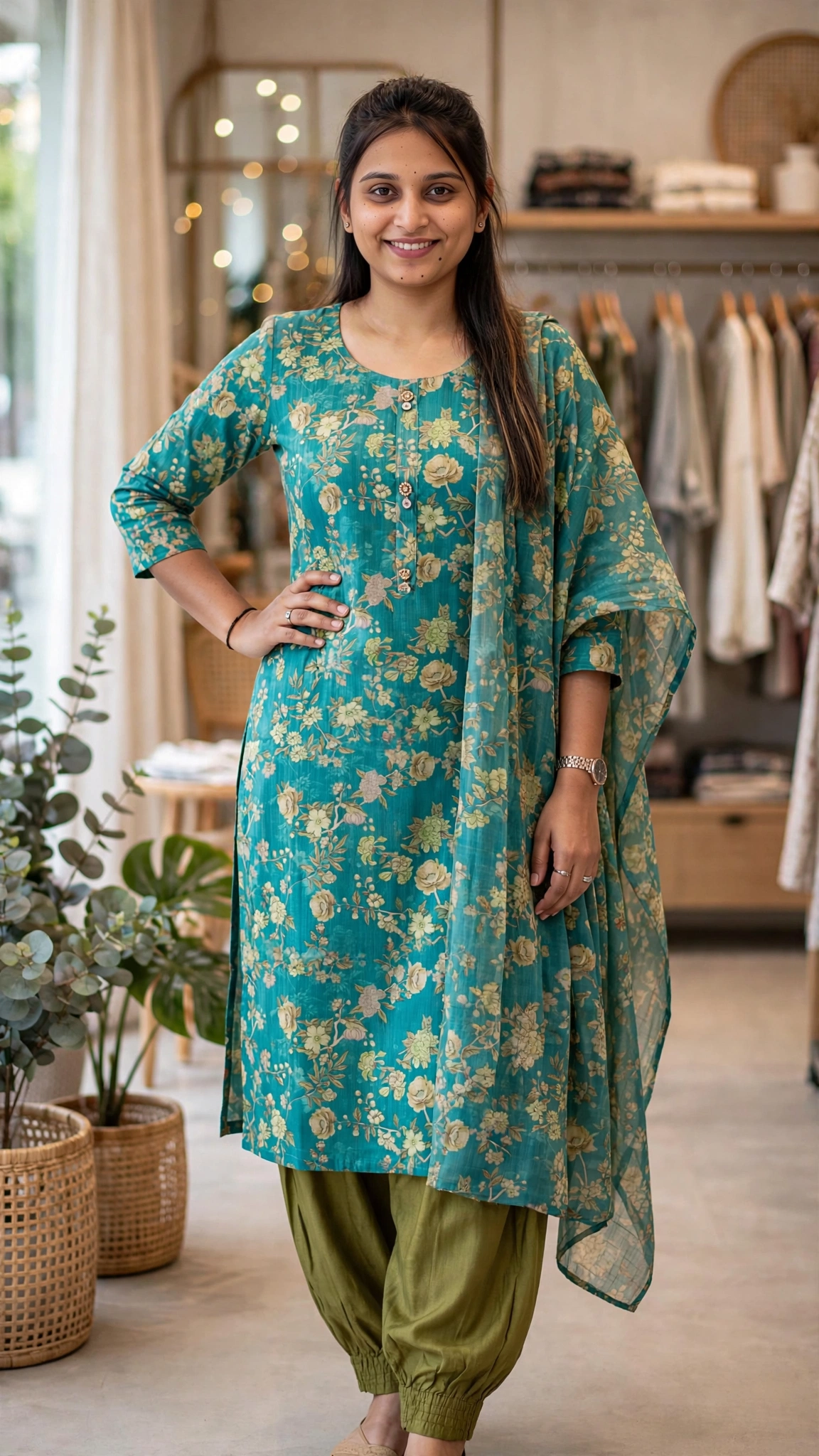 Elegant Floral Printed Kurta Set with Dupatta – Available in Teal, Beige, Brown, Light Blue, Lavender & Maroon