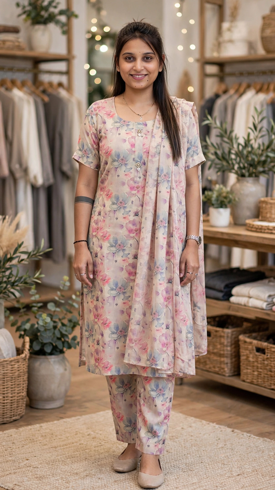 Elegant Floral Printed Kurta Set with Dupatta – Available in Teal, Beige, Brown, Light Blue, Lavender & Maroon - Image 2