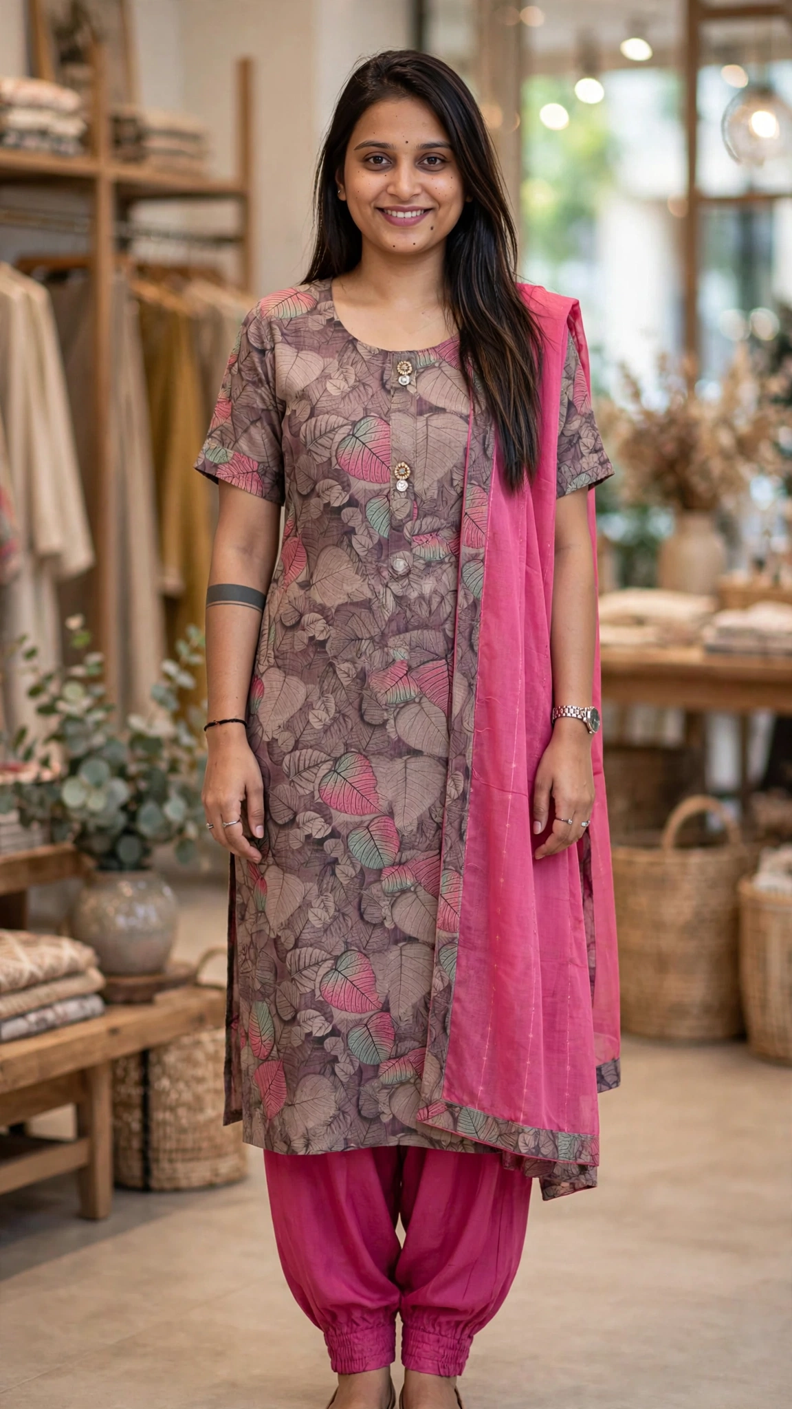 Elegant Floral Printed Kurta Set with Dupatta – Available in Teal, Beige, Brown, Light Blue, Lavender & Maroon - Image 3