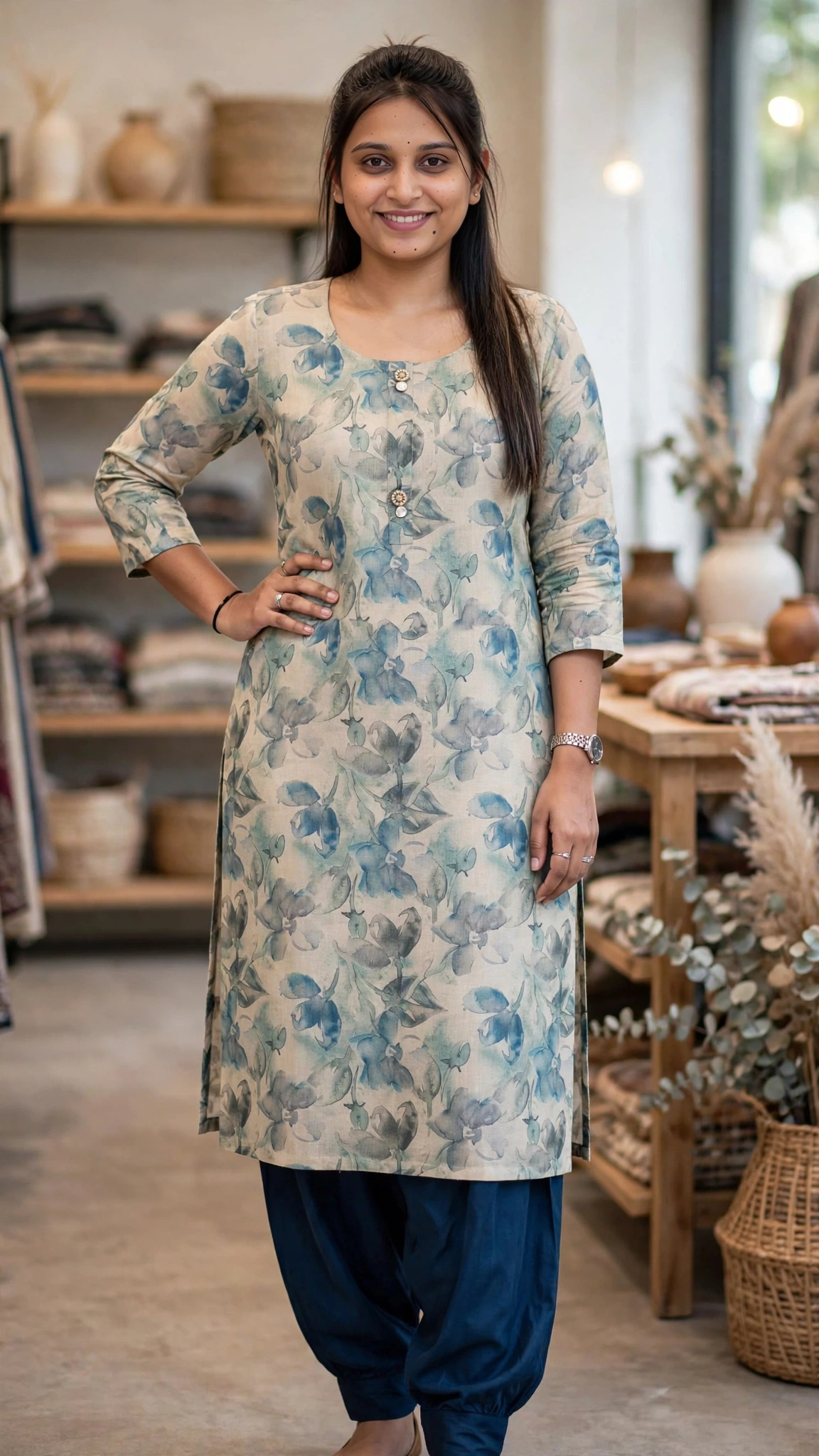 Elegant Floral Printed Kurta Set with Dupatta – Available in Teal, Beige, Brown, Light Blue, Lavender & Maroon - Image 4