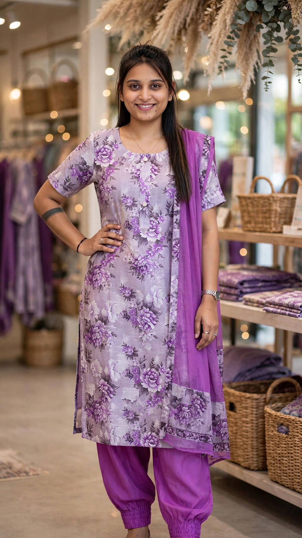 Elegant Floral Printed Kurta Set with Dupatta – Available in Teal, Beige, Brown, Light Blue, Lavender & Maroon - Image 5