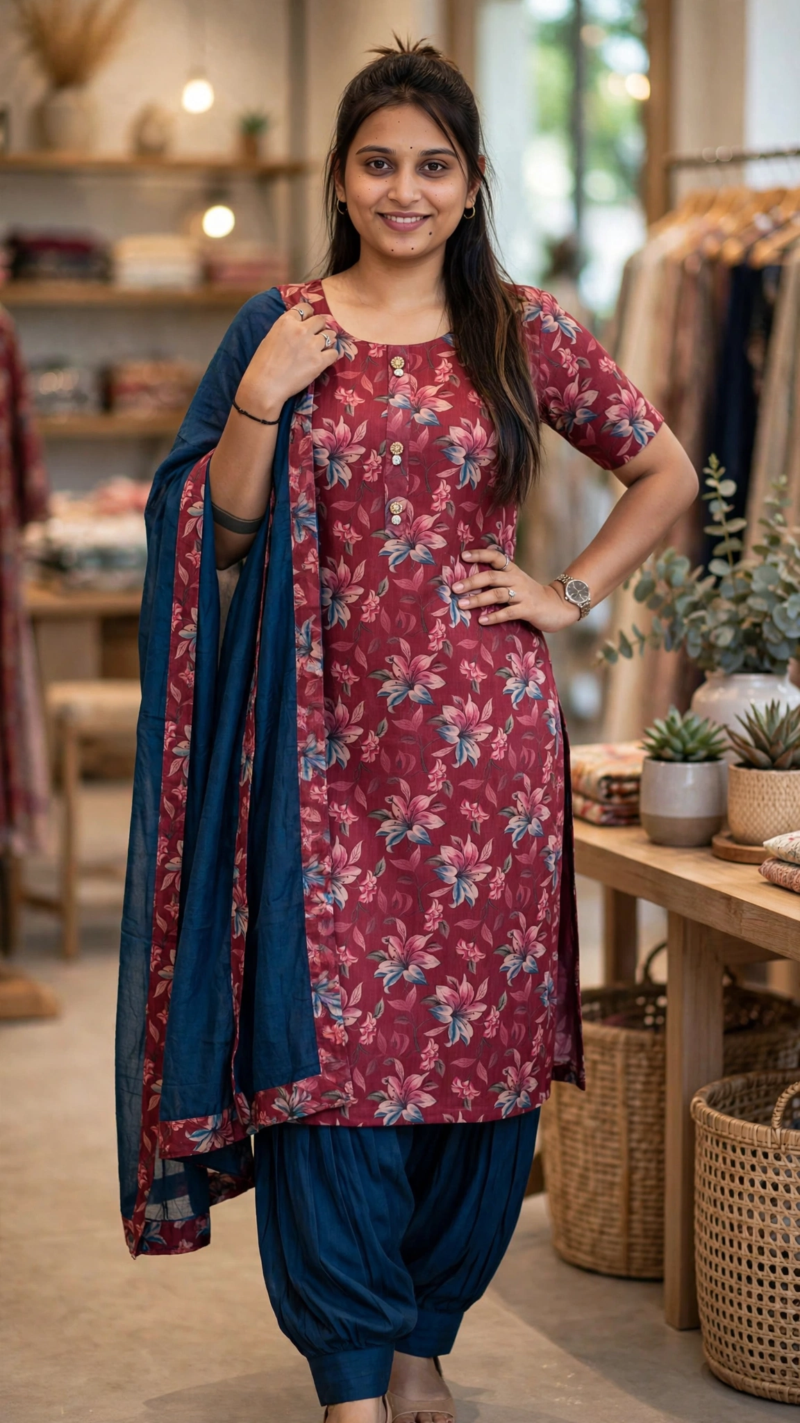 Elegant Floral Printed Kurta Set with Dupatta – Available in Teal, Beige, Brown, Light Blue, Lavender & Maroon - Image 6