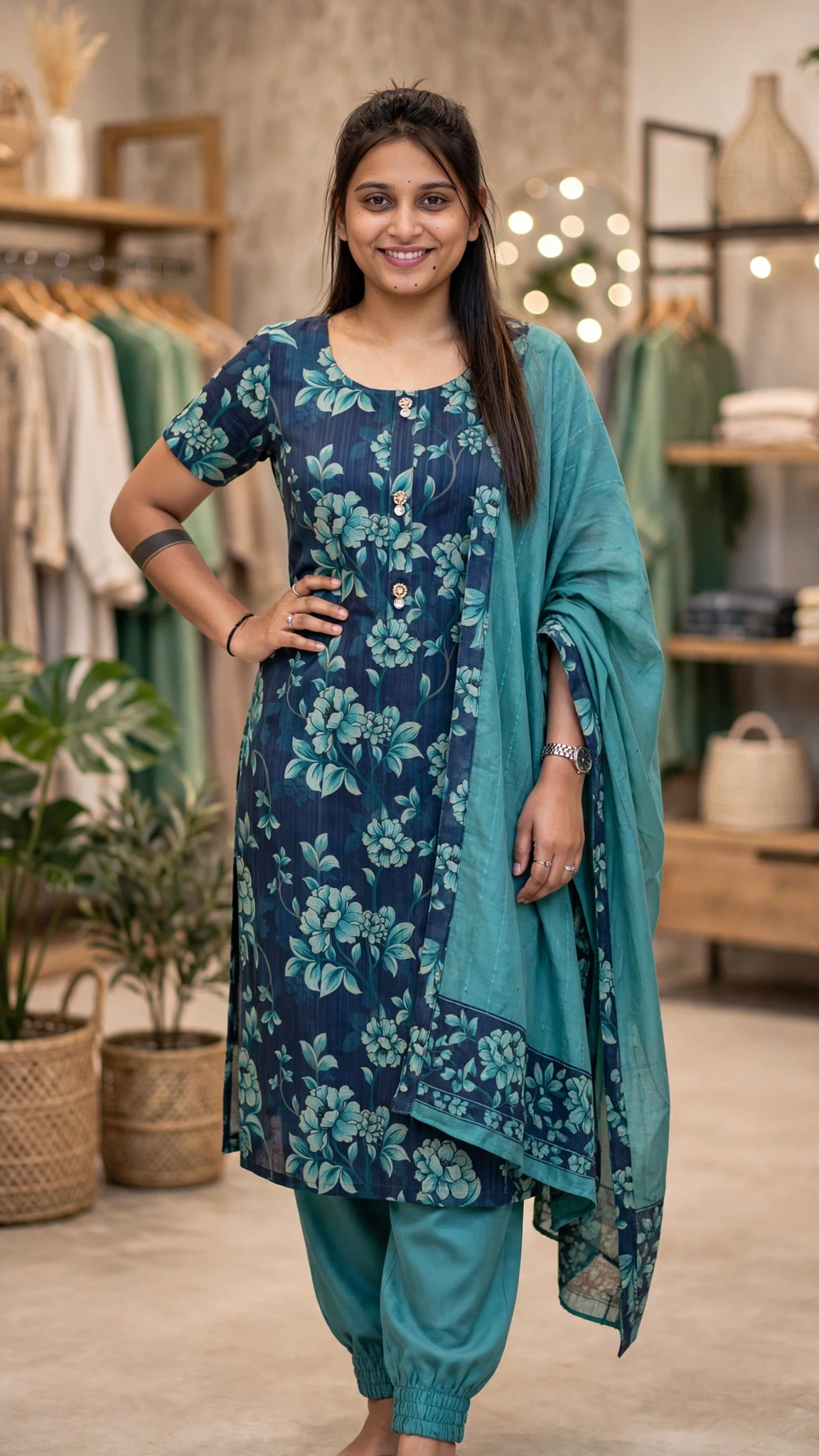 Elegant Floral Printed Kurta Set with Dupatta – Available in Teal, Beige, Brown, Light Blue, Lavender & Maroon - Image 7