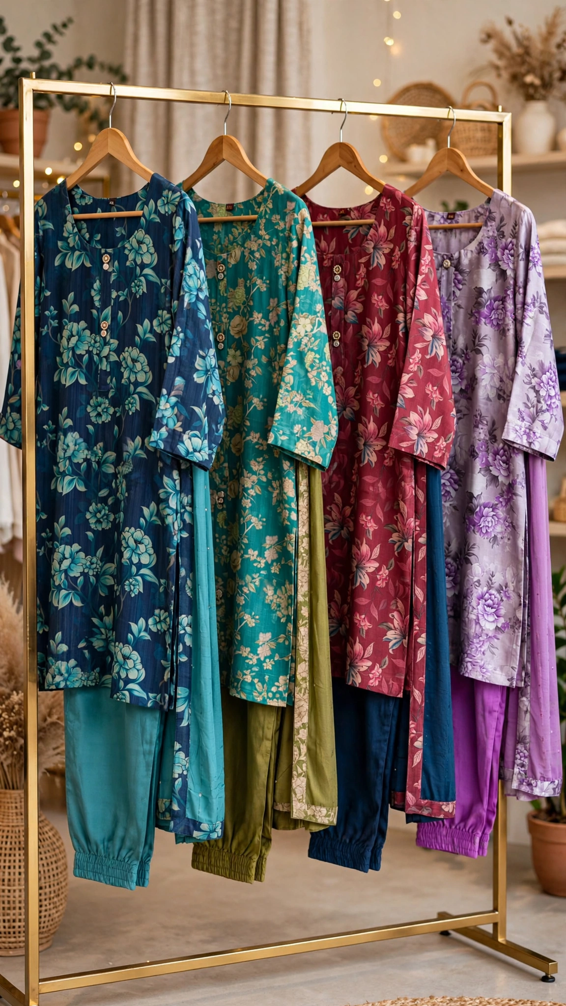 Elegant Floral Printed Kurta Set with Dupatta – Available in Teal, Beige, Brown, Light Blue, Lavender & Maroon - Image 8