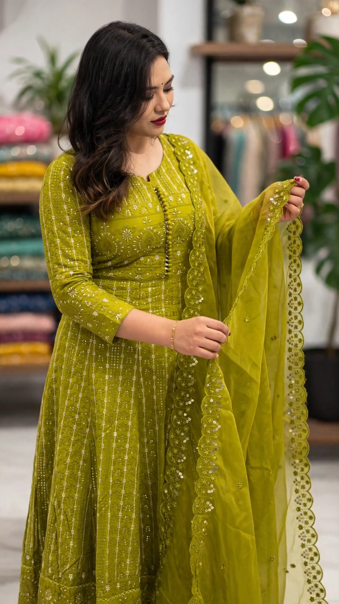 Olive Green Embroidered Cotton Silk Anarkali Suit Set with Scalloped Dupatta - Image 2