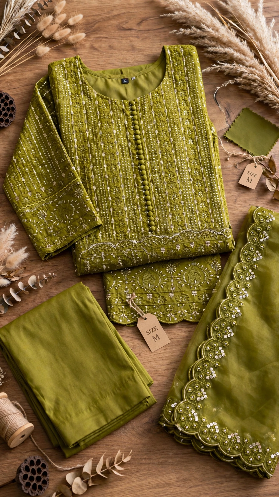 Olive Green Embroidered Cotton Silk Anarkali Suit Set with Scalloped Dupatta - Image 3