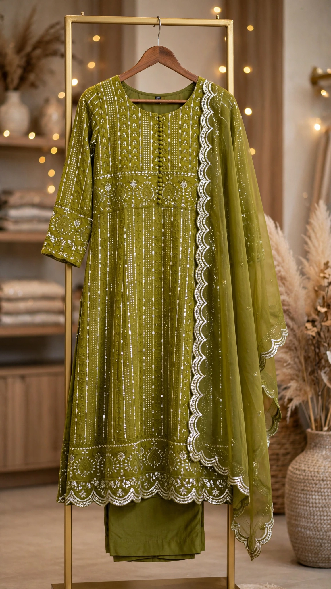 Olive Green Embroidered Cotton Silk Anarkali Suit Set with Scalloped Dupatta - Image 4