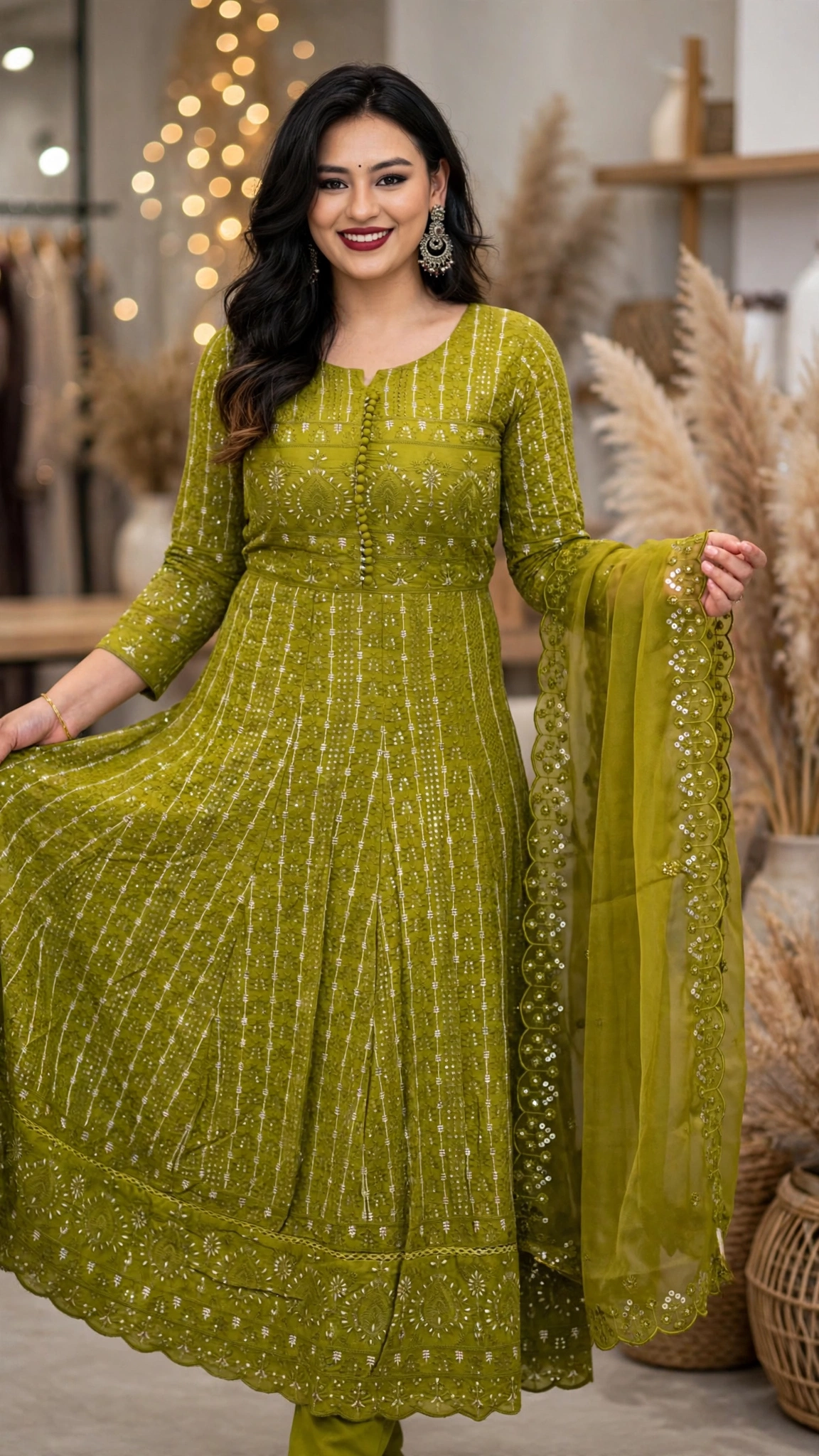 Olive Green Embroidered Cotton Silk Anarkali Suit Set with Scalloped Dupatta