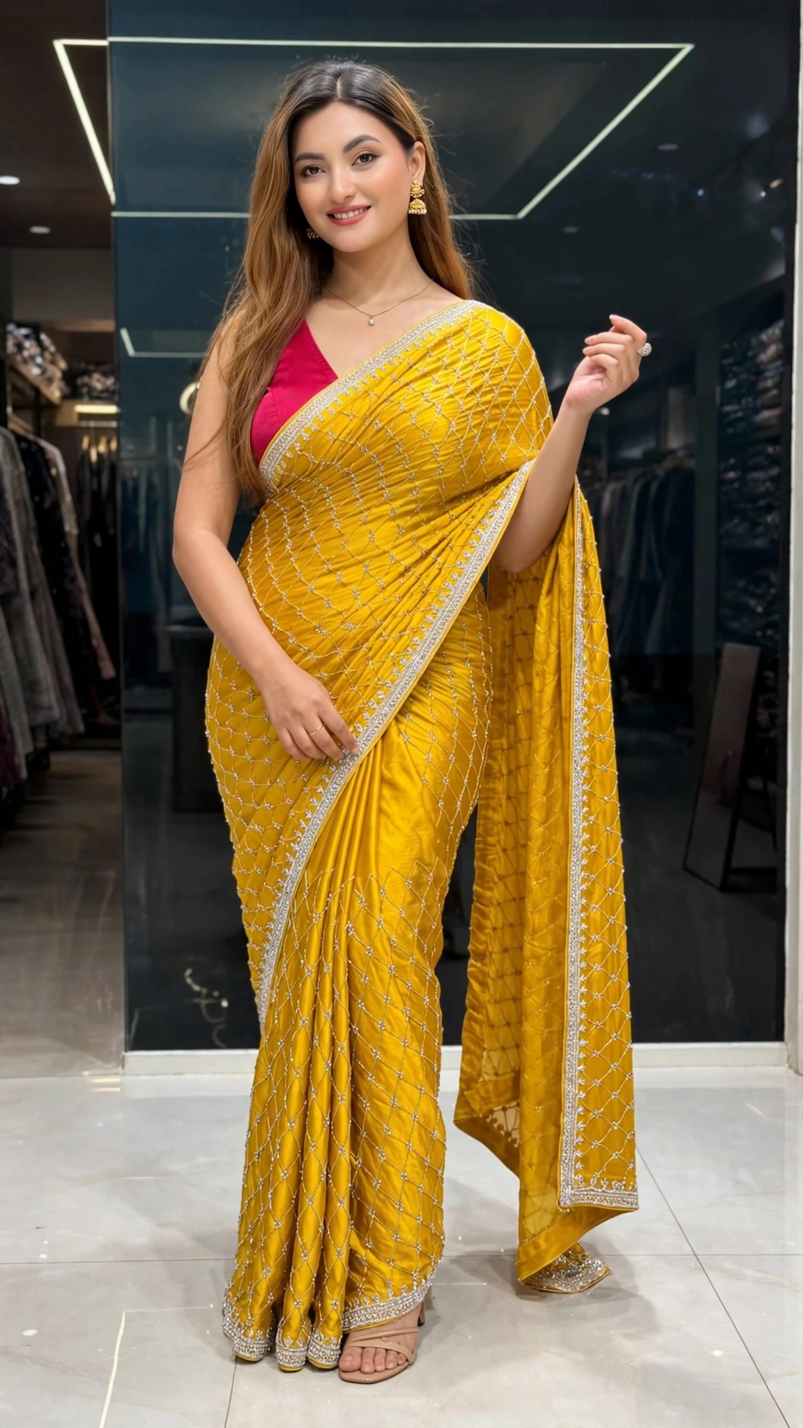 Radiant Mustard Embellished Silk Saree with Contrast Pink Blouse – Available in Mustard & Pink