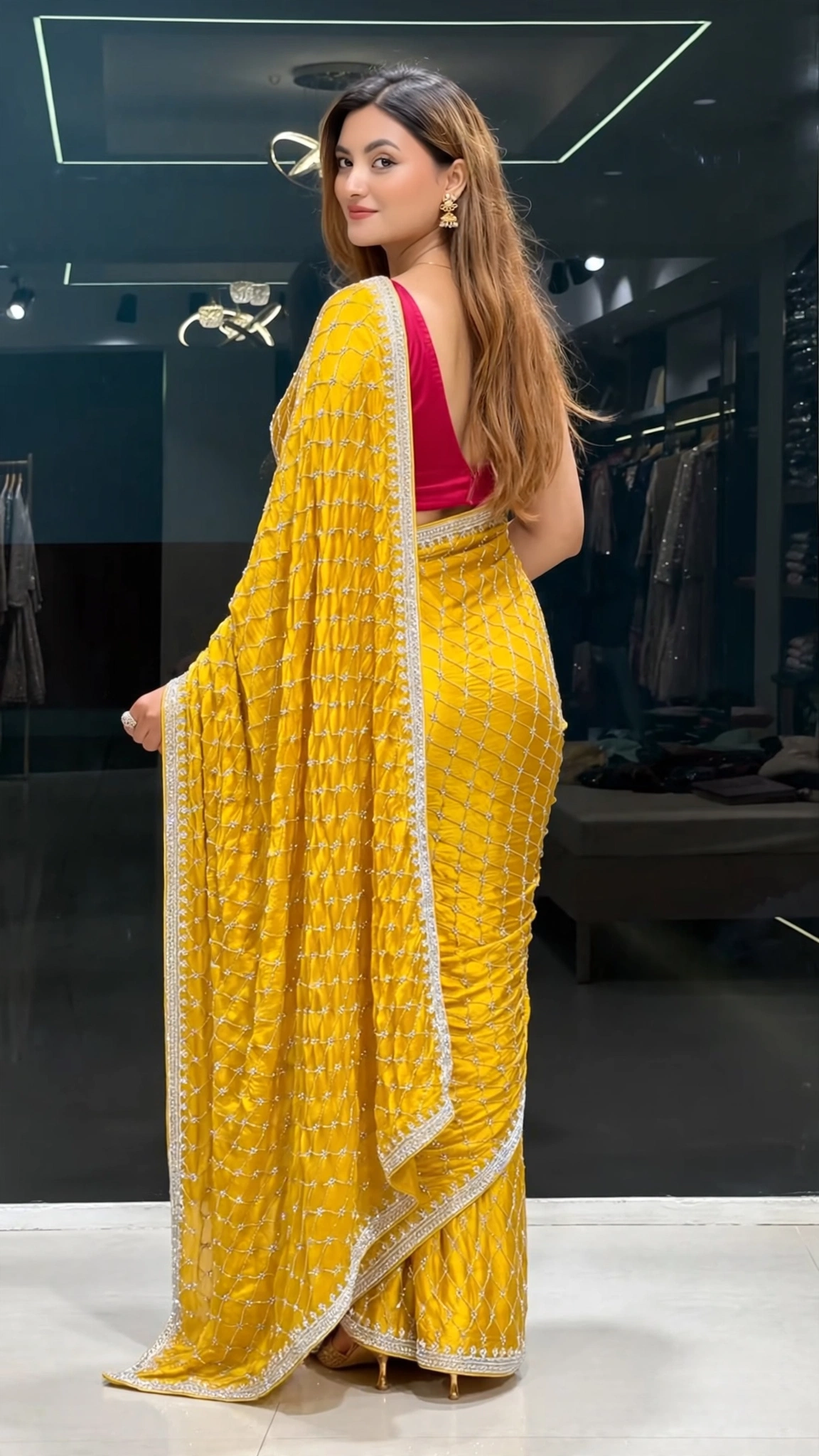 Radiant Mustard Embellished Silk Saree with Contrast Pink Blouse – Available in Mustard & Pink - Image 2