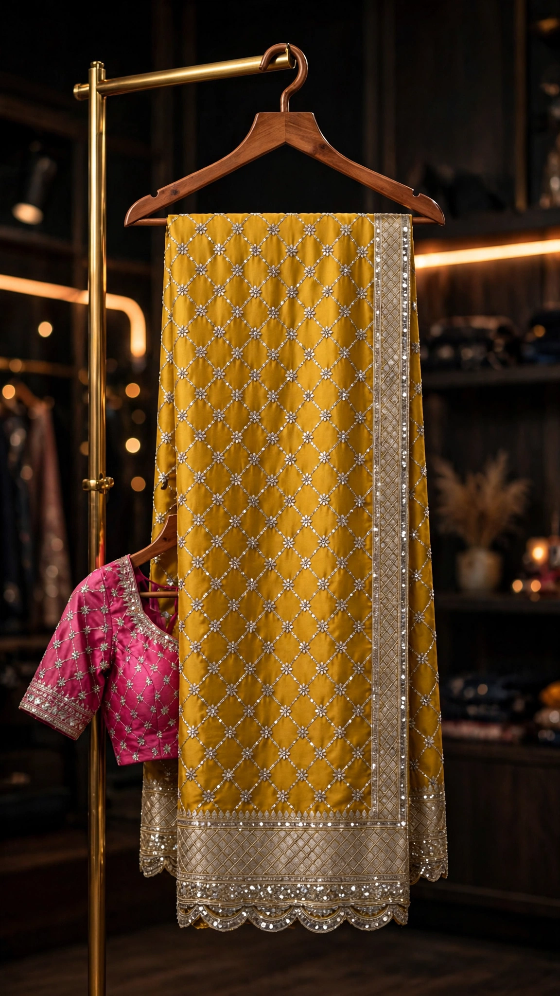 Radiant Mustard Embellished Silk Saree with Contrast Pink Blouse – Available in Mustard & Pink - Image 3