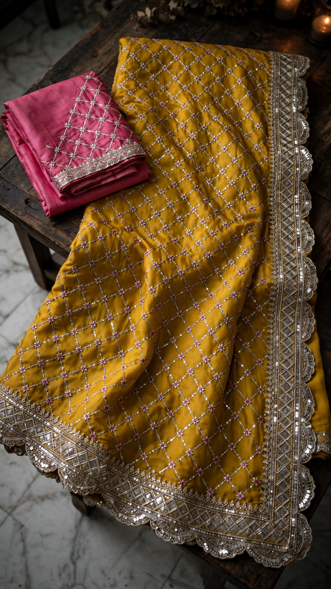 Radiant Mustard Embellished Silk Saree with Contrast Pink Blouse – Available in Mustard & Pink - Image 4